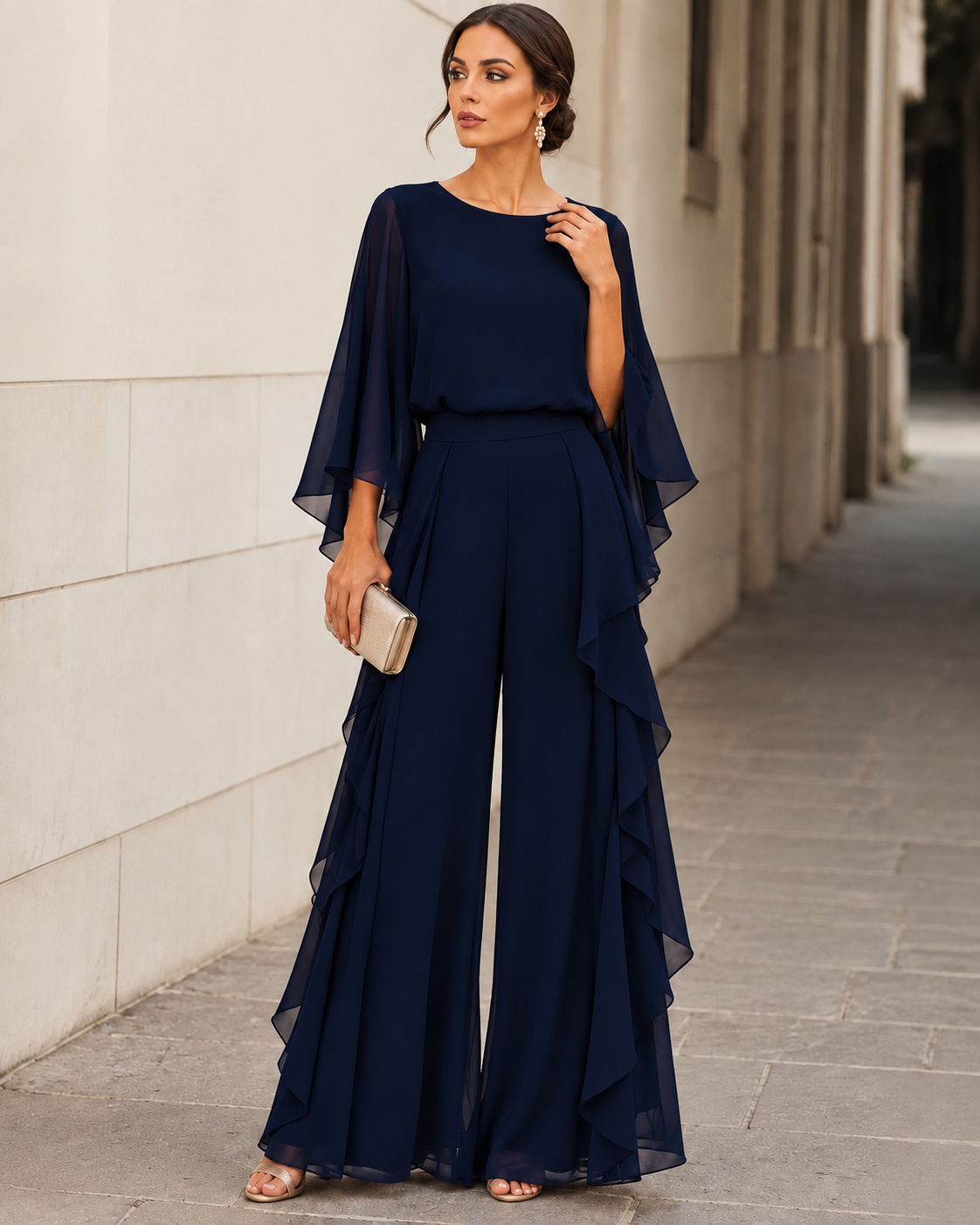 Cape-Sleeve Top and Ruffled Skirt Two-Piece Set