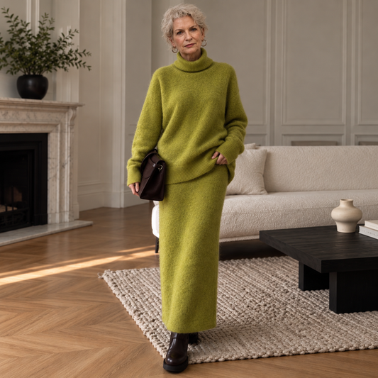 Wool and Cotton Cozy Turtleneck Sweater & Maxi Skirt Set