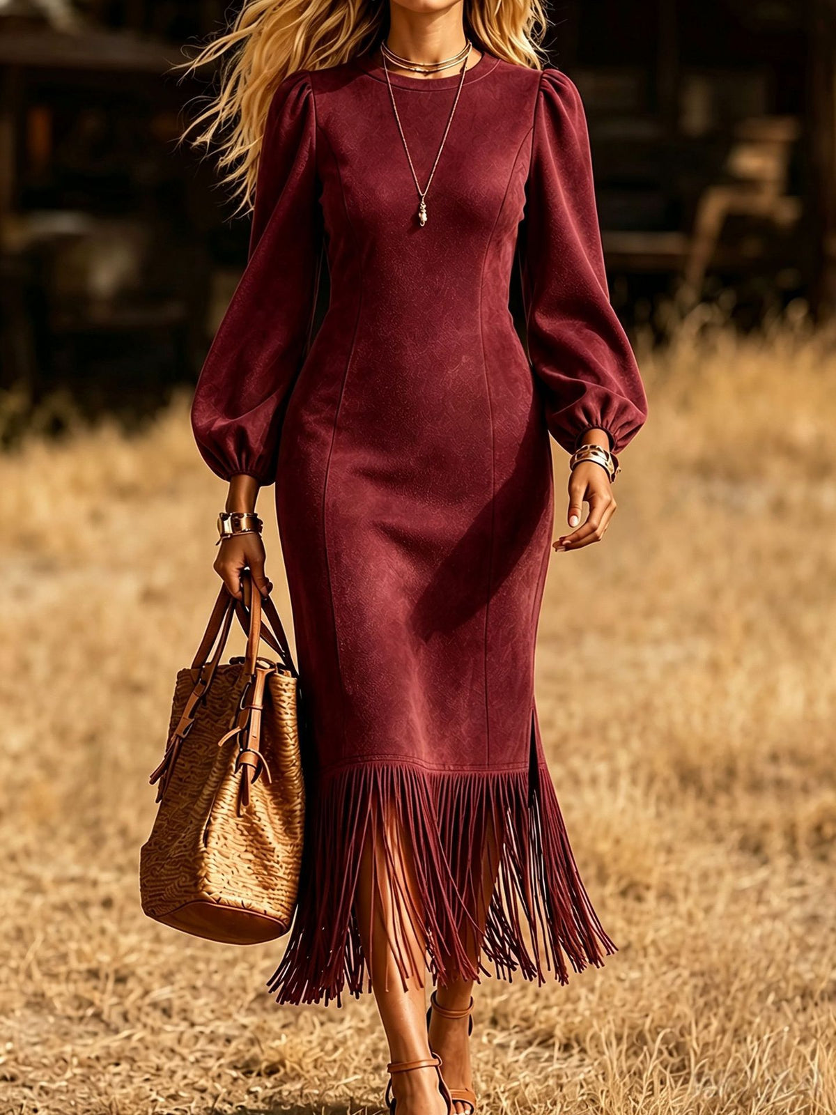 Elegant Fringe-Hem Midi Dress