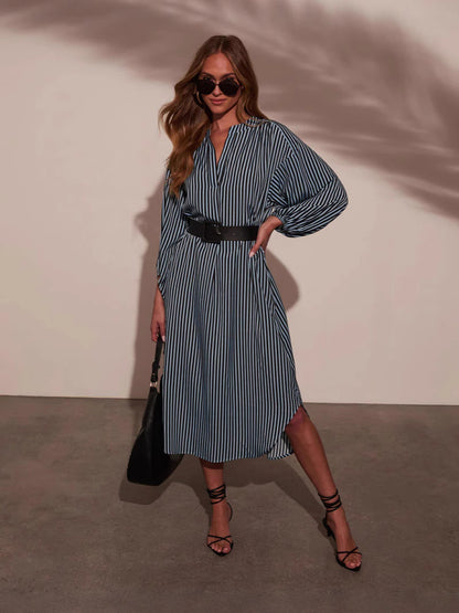Striped Belted Midi Shirt Dress