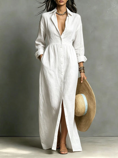 Linen Blend Relaxed Button-Front Maxi Shirt Dress