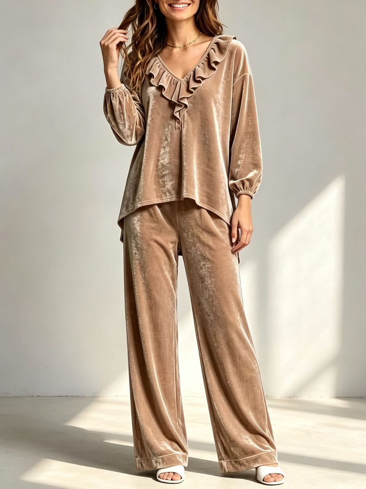 Velvet Ruffle-Neck Two-Piece Set