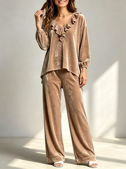 Velvet Ruffle-Neck Two-Piece Set