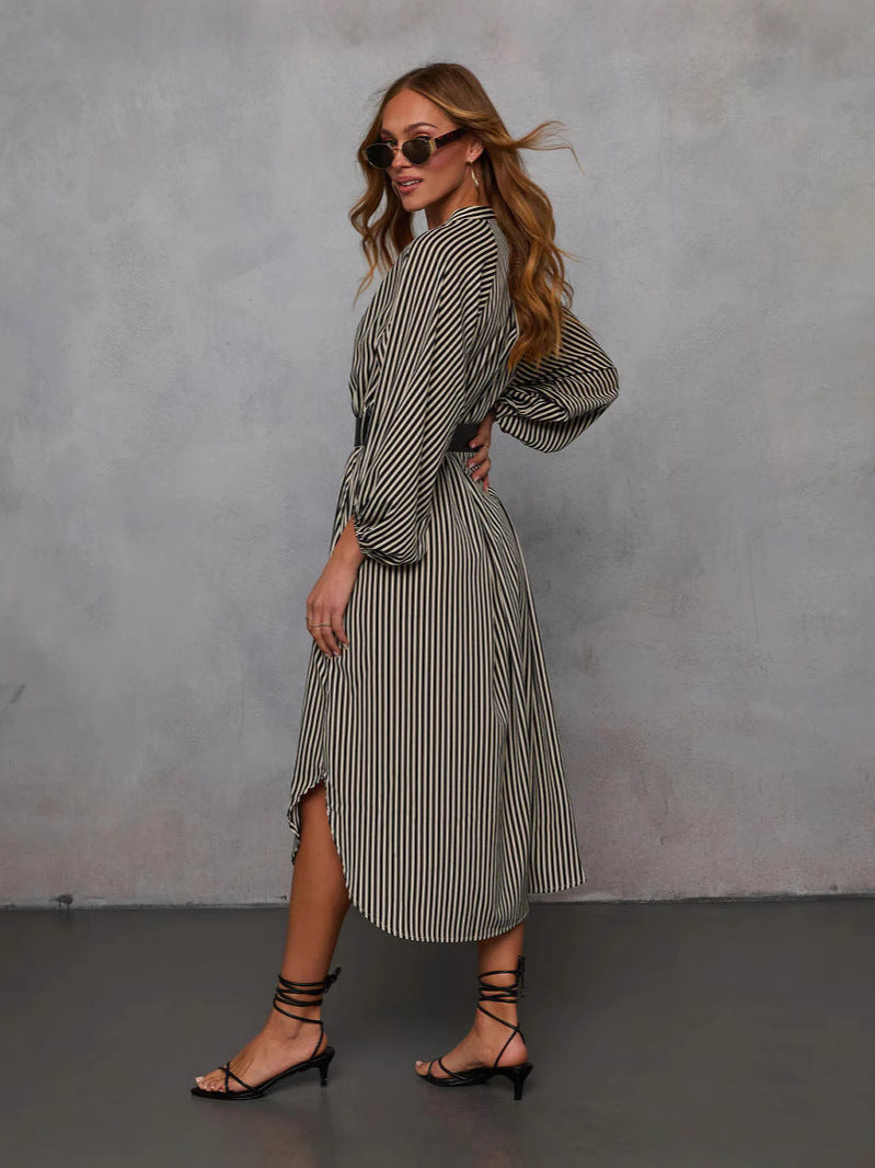 Striped Belted Midi Shirt Dress