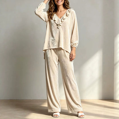 Velvet Ruffle-Neck Two-Piece Set