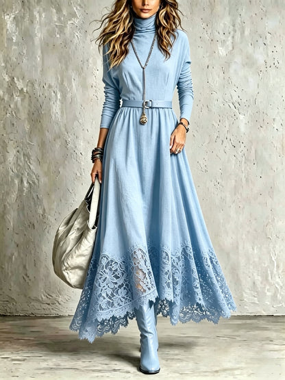 Lace-Trimmed Turtleneck Maxi Dress
