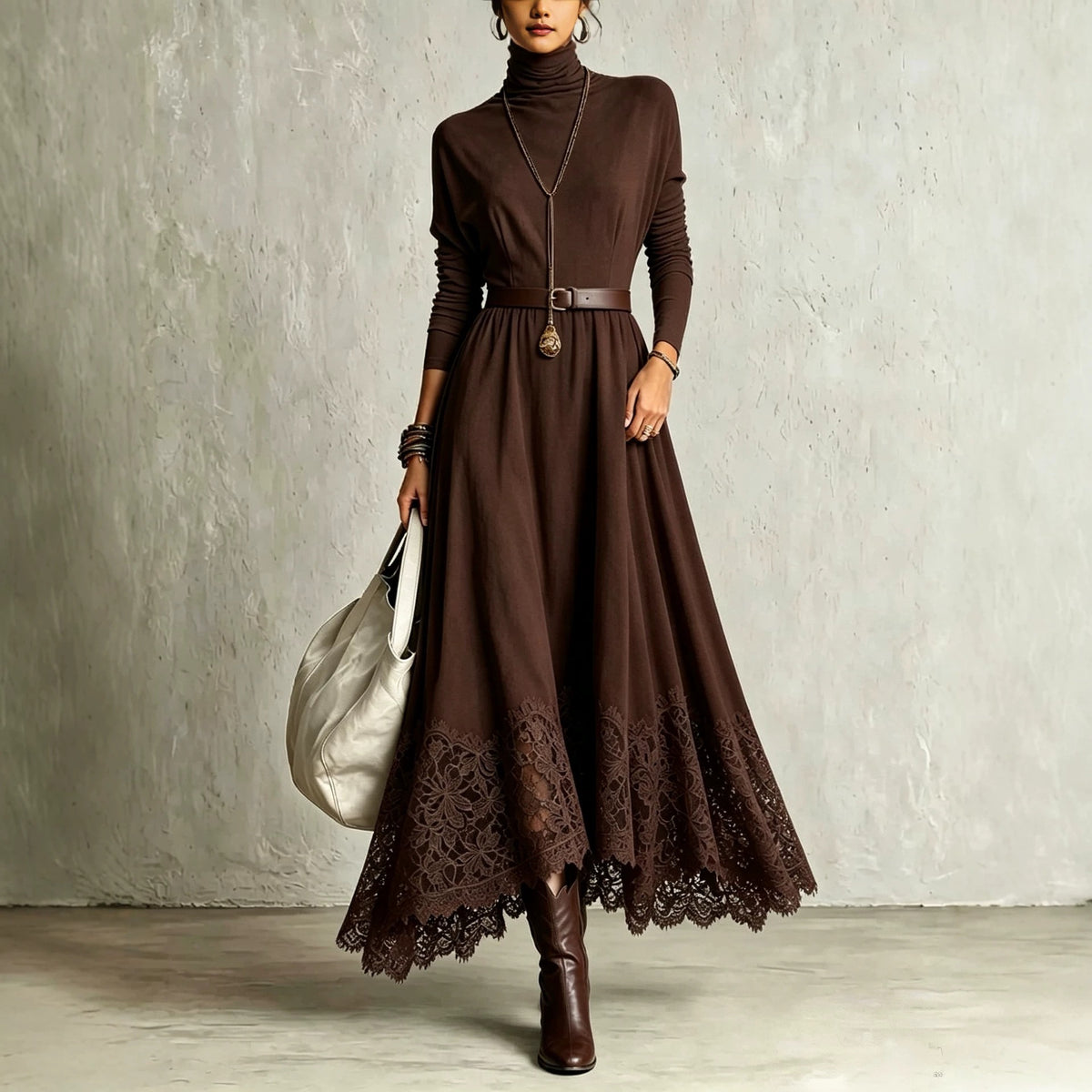 Lace-Trimmed Turtleneck Maxi Dress