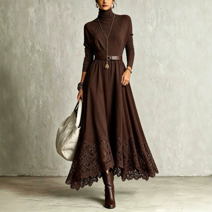 Lace-Trimmed Turtleneck Maxi Dress