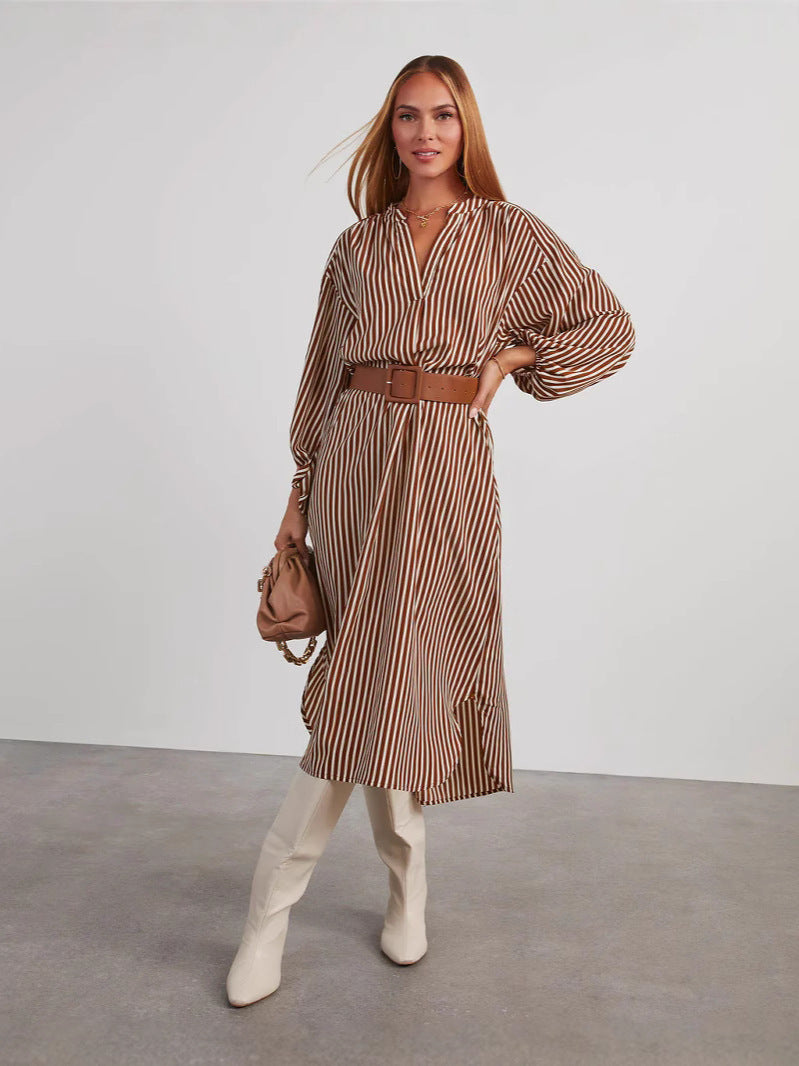 Striped Belted Midi Shirt Dress