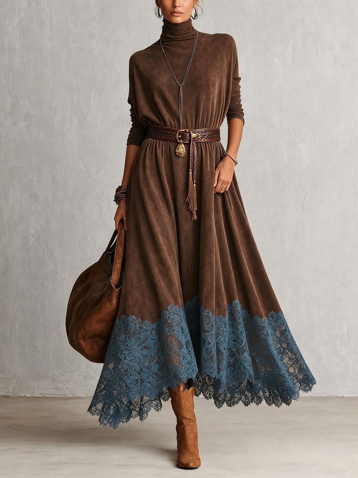 Lace-Trimmed Turtleneck Maxi Dress