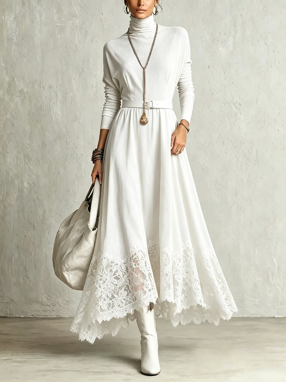 Lace-Trimmed Turtleneck Maxi Dress