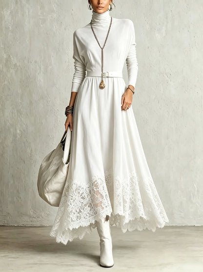 Lace-Trimmed Turtleneck Maxi Dress