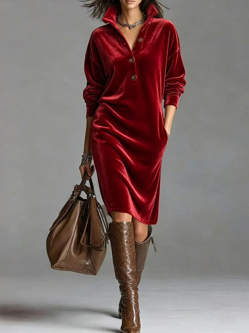 Vivienne | Velvet Button-Neck Relaxed Dress