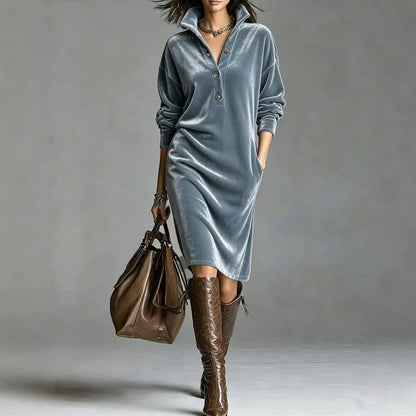 Vivienne | Velvet Button-Neck Relaxed Dress