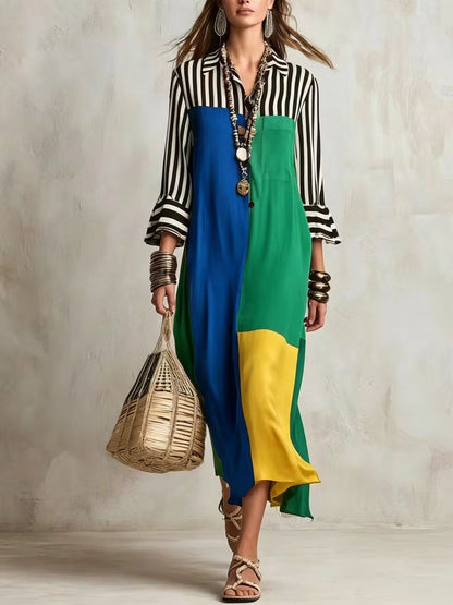 Colorblock Striped Asymmetric Shirt Dress