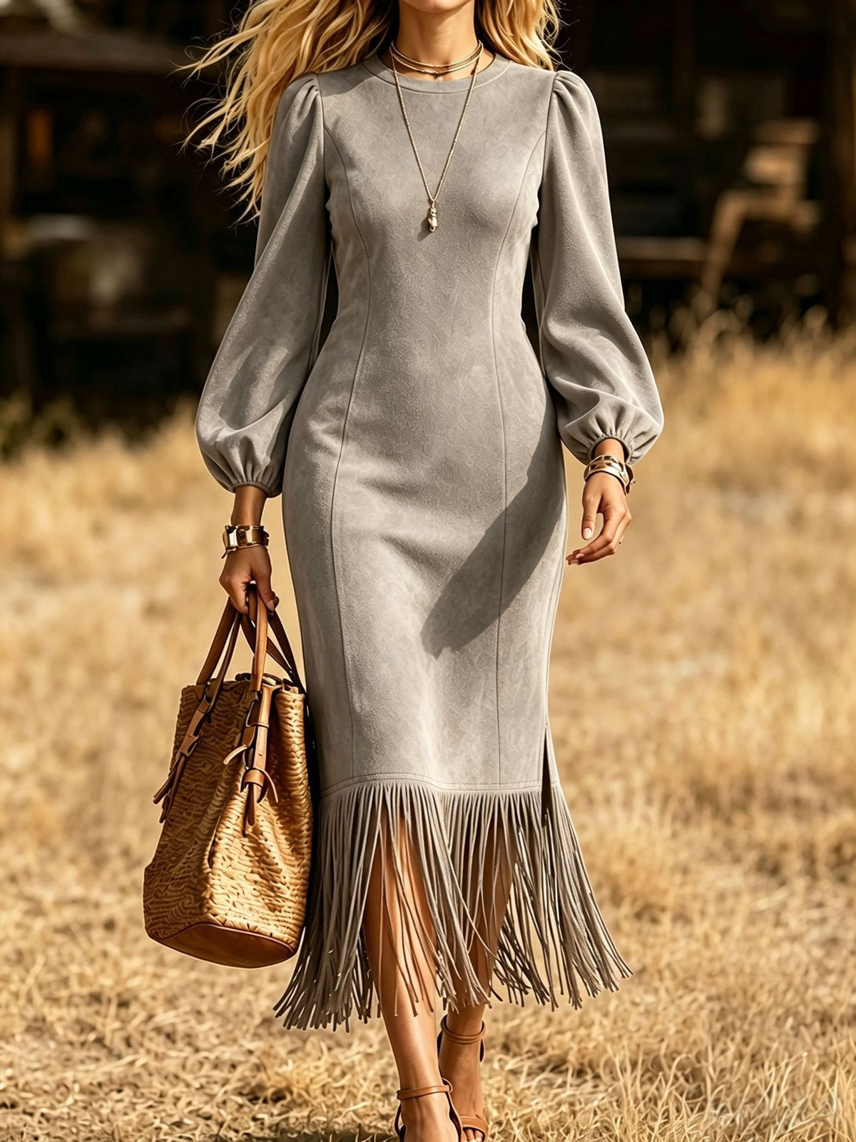 Elegant Fringe-Hem Midi Dress