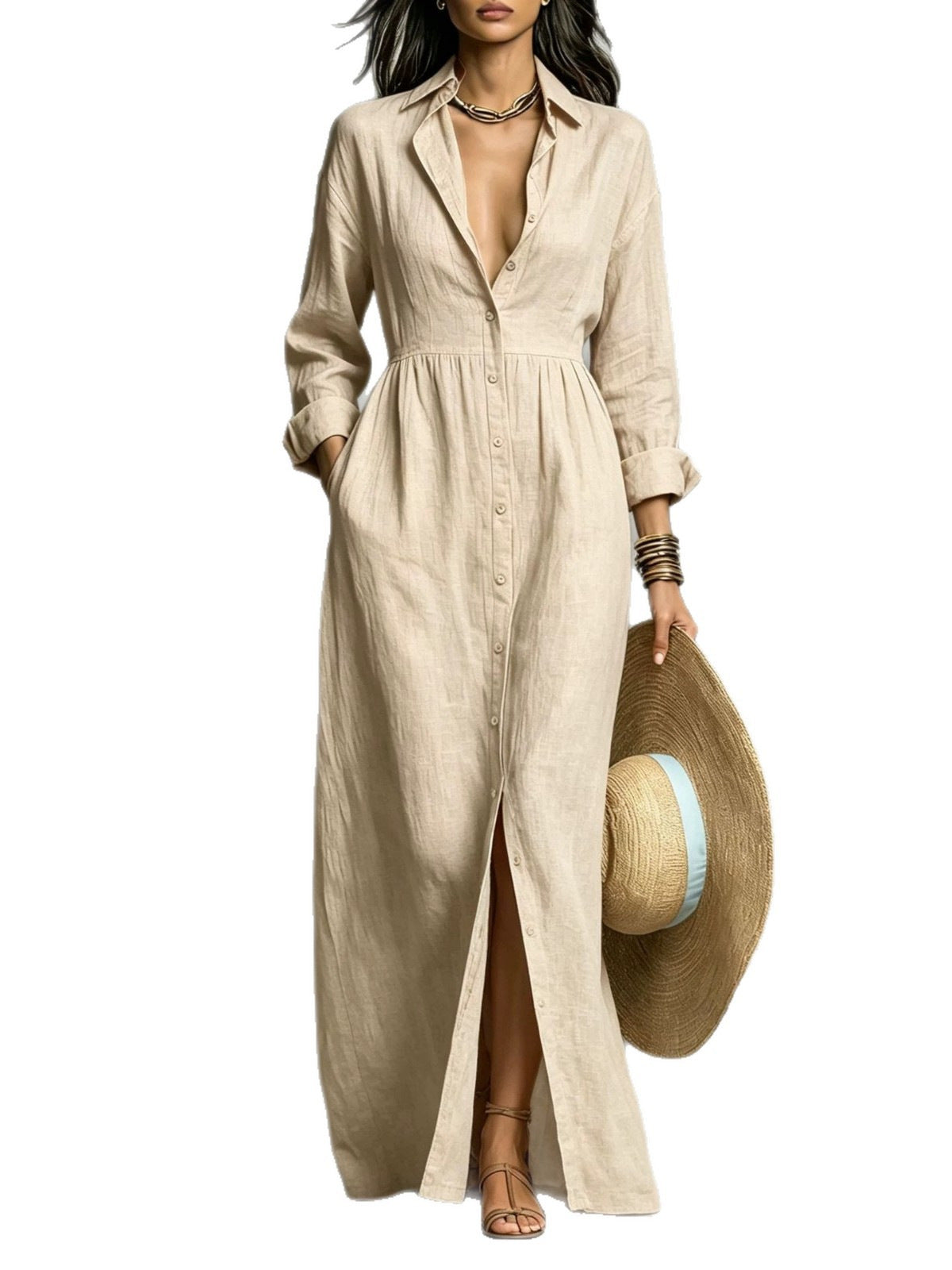 Linen Blend Relaxed Button-Front Maxi Shirt Dress