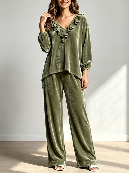 Velvet Ruffle-Neck Two-Piece Set