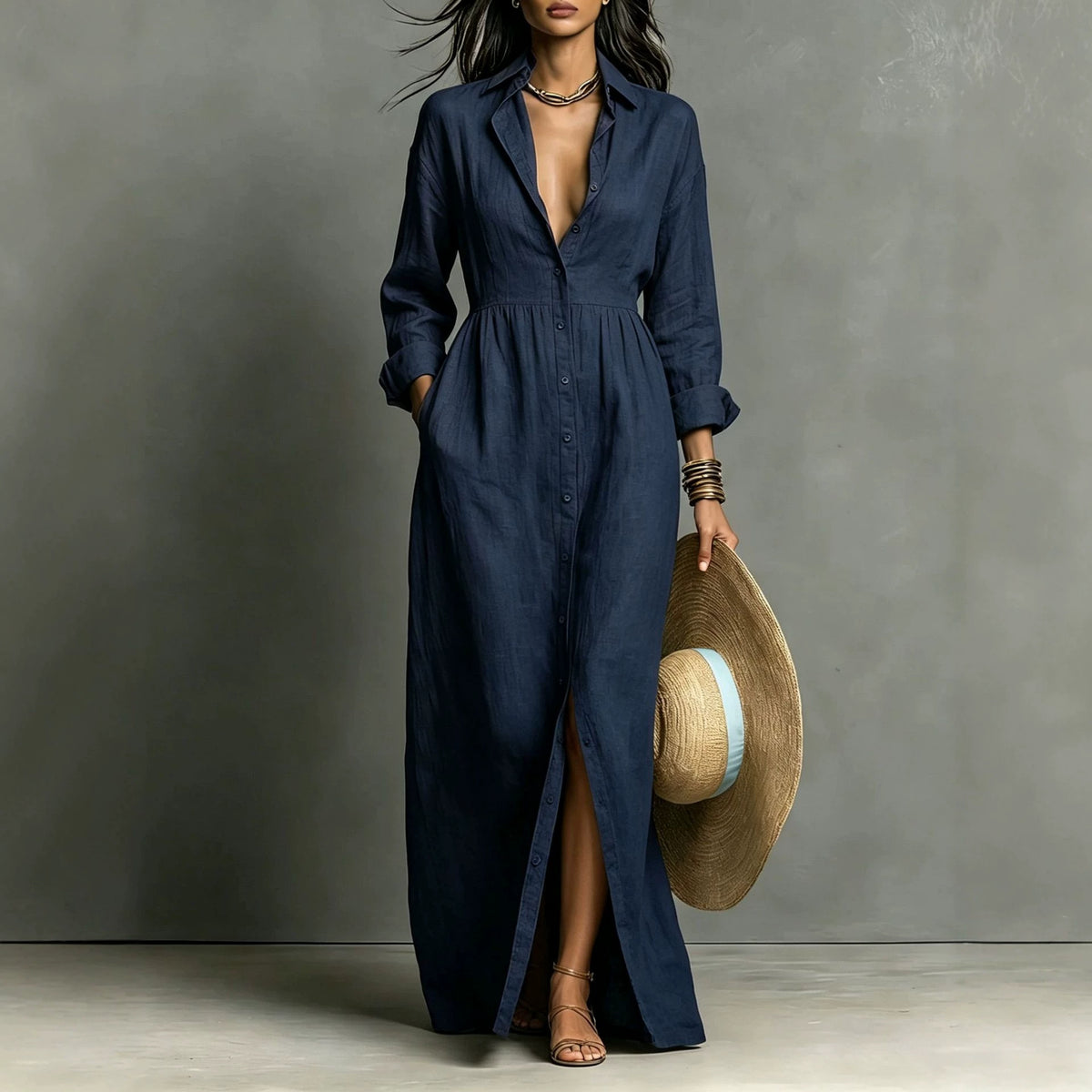 Linen Blend Relaxed Button-Front Maxi Shirt Dress