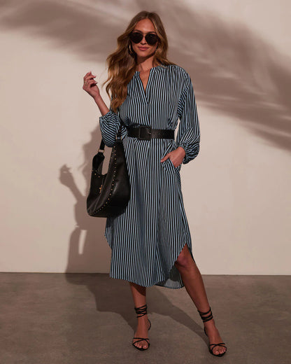 Striped Belted Midi Shirt Dress