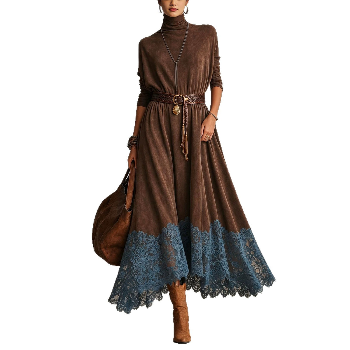 Lace-Trimmed Turtleneck Maxi Dress