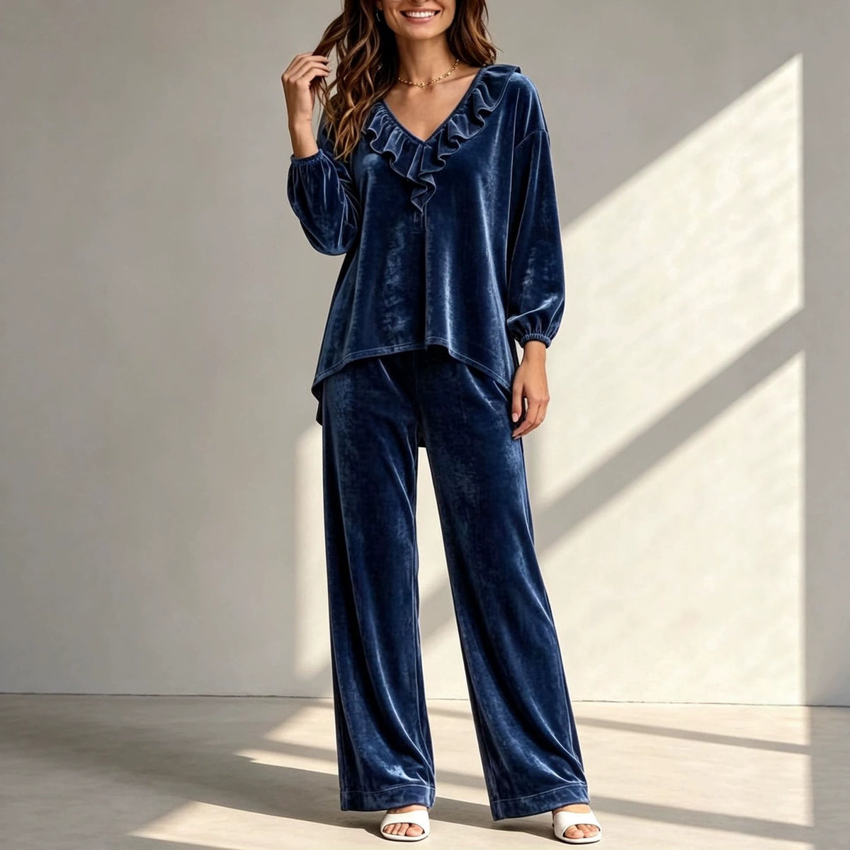 Velvet Ruffle-Neck Two-Piece Set