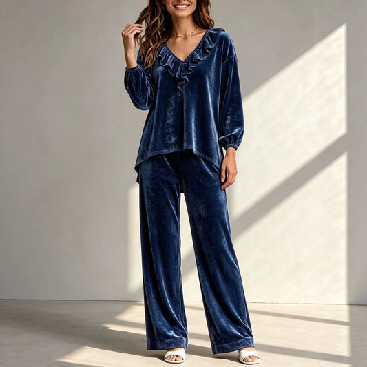 Velvet Ruffle-Neck Two-Piece Set