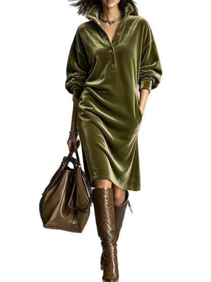 Vivienne | Velvet Button-Neck Relaxed Dress