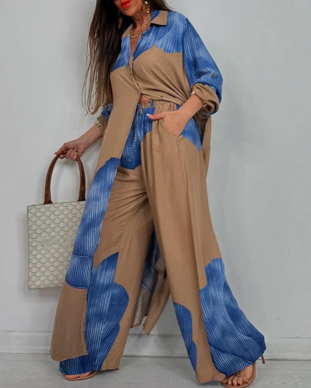 Women's V-neck Patchwork Top and Pants Casual Set