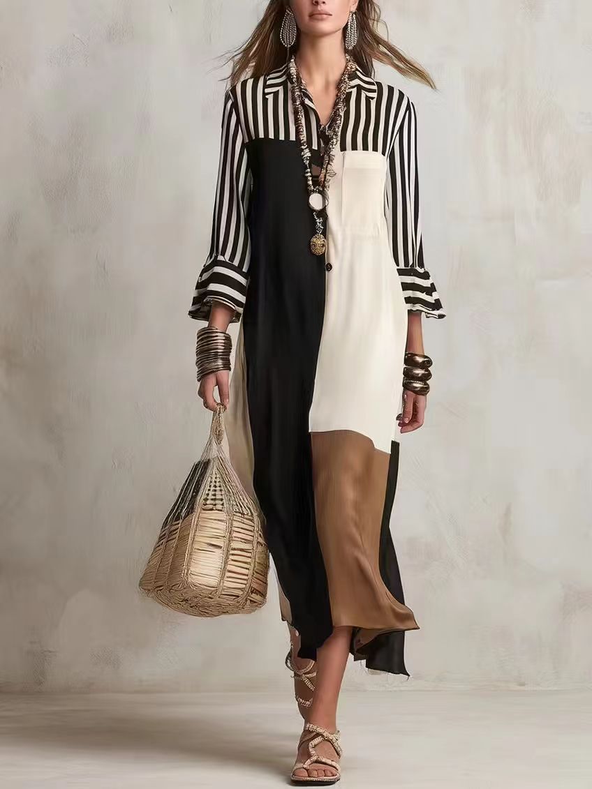 Colorblock Striped Asymmetric Shirt Dress