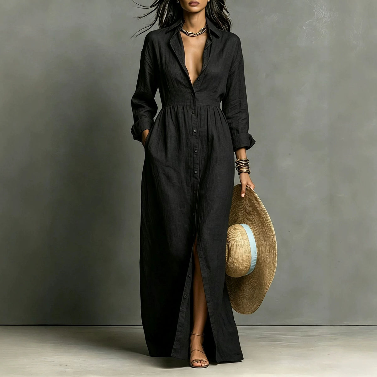 Linen Blend Relaxed Button-Front Maxi Shirt Dress