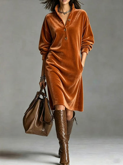 Vivienne | Velvet Button-Neck Relaxed Dress
