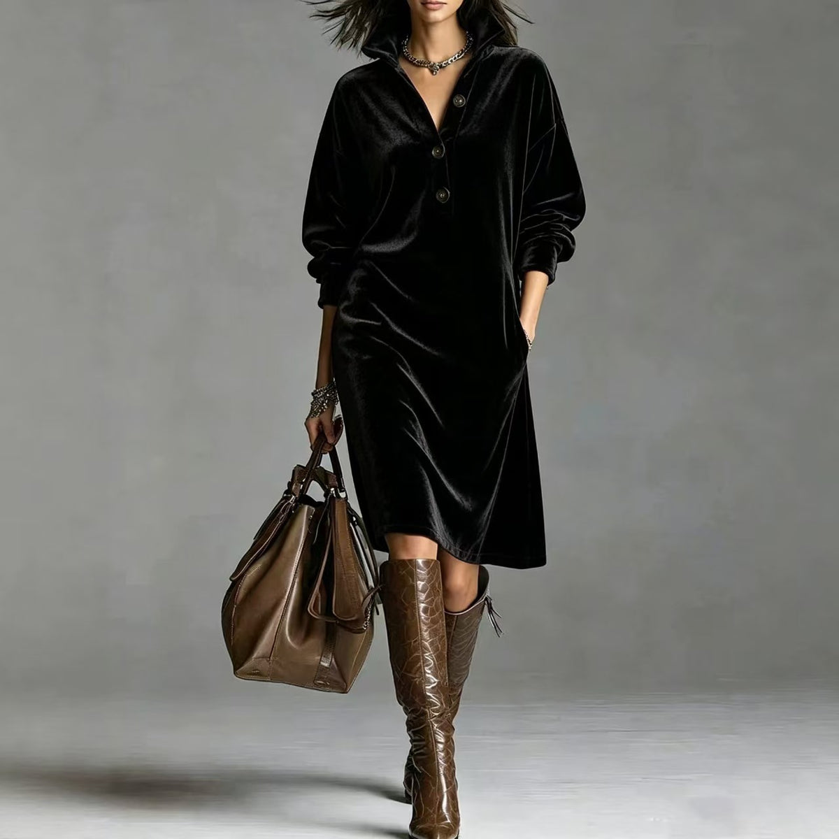 Vivienne | Velvet Button-Neck Relaxed Dress