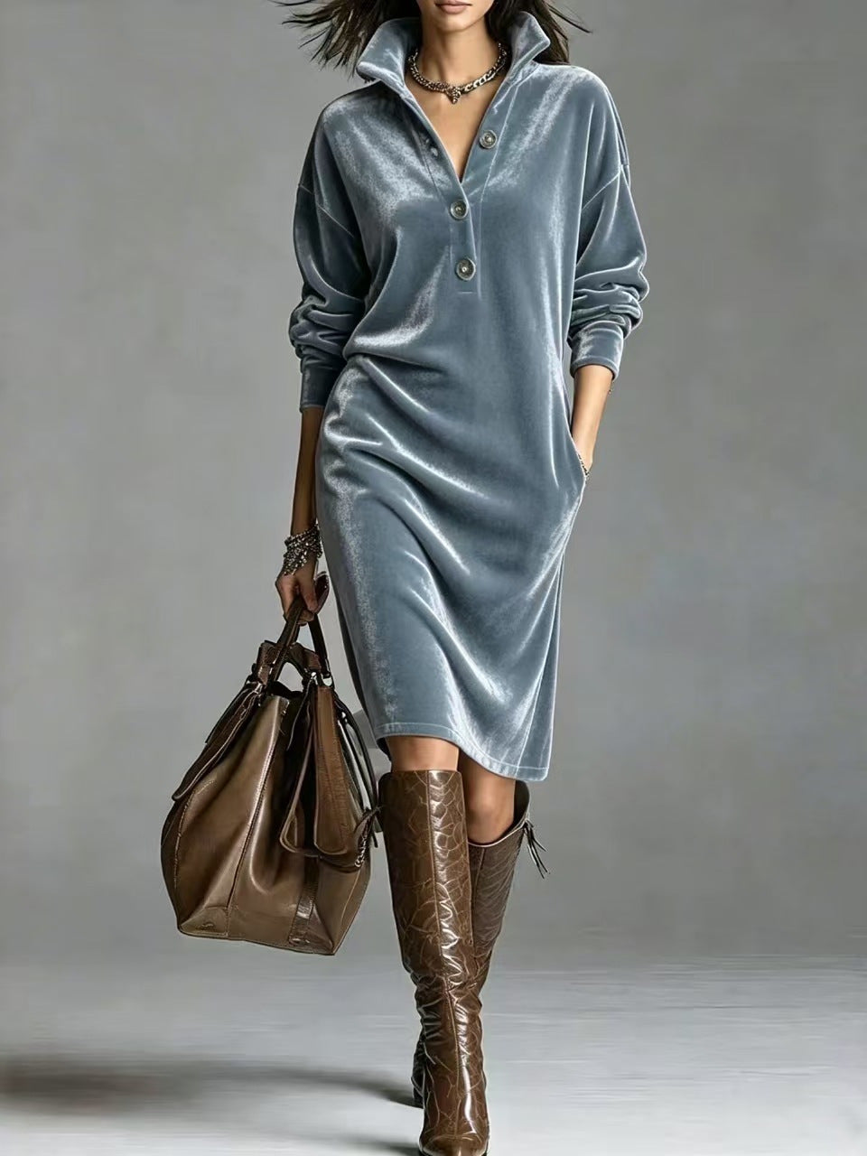 Vivienne | Velvet Button-Neck Relaxed Dress
