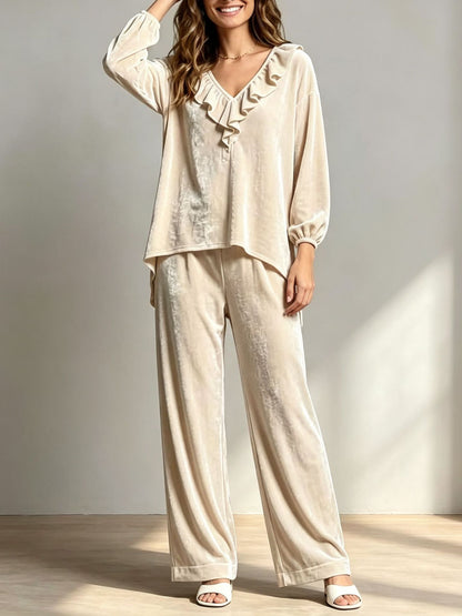 Velvet Ruffle-Neck Two-Piece Set