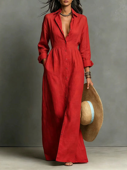 Linen Blend Relaxed Button-Front Maxi Shirt Dress