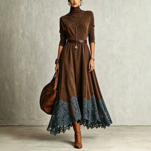 Lace-Trimmed Turtleneck Maxi Dress