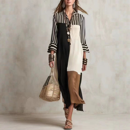 Colorblock Striped Asymmetric Shirt Dress