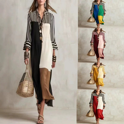 Colorblock Striped Asymmetric Shirt Dress