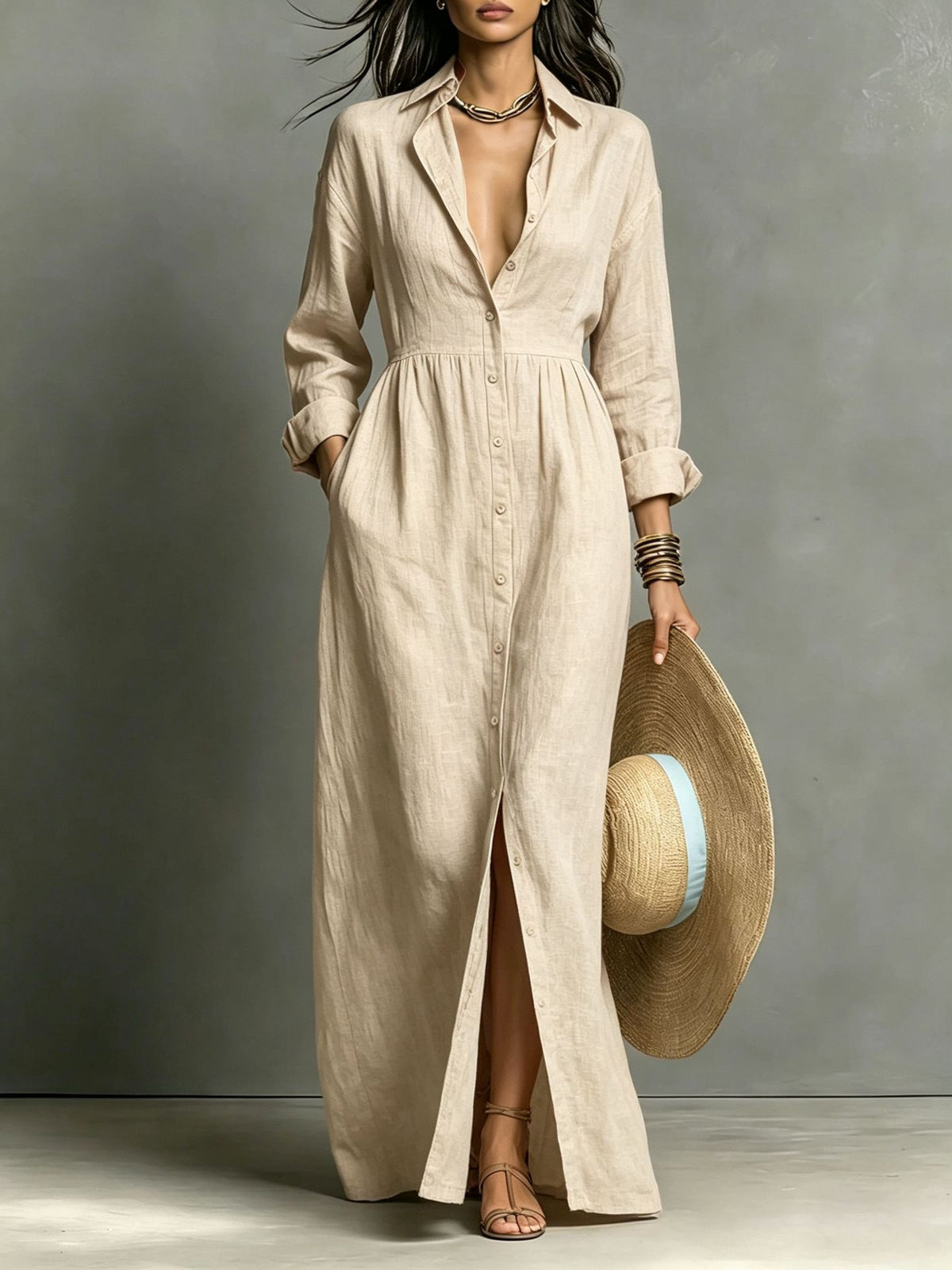 Linen Blend Relaxed Button-Front Maxi Shirt Dress