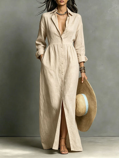 Linen Blend Relaxed Button-Front Maxi Shirt Dress