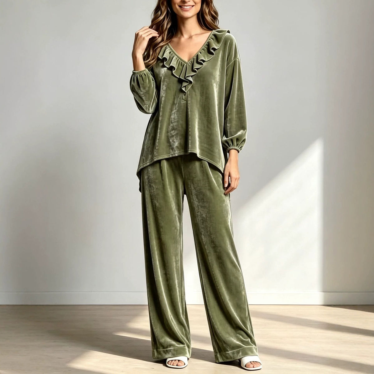 Velvet Ruffle-Neck Two-Piece Set