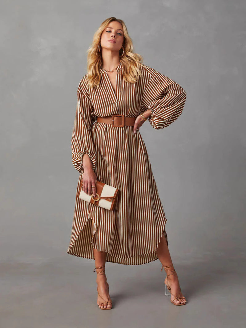 Striped Belted Midi Shirt Dress