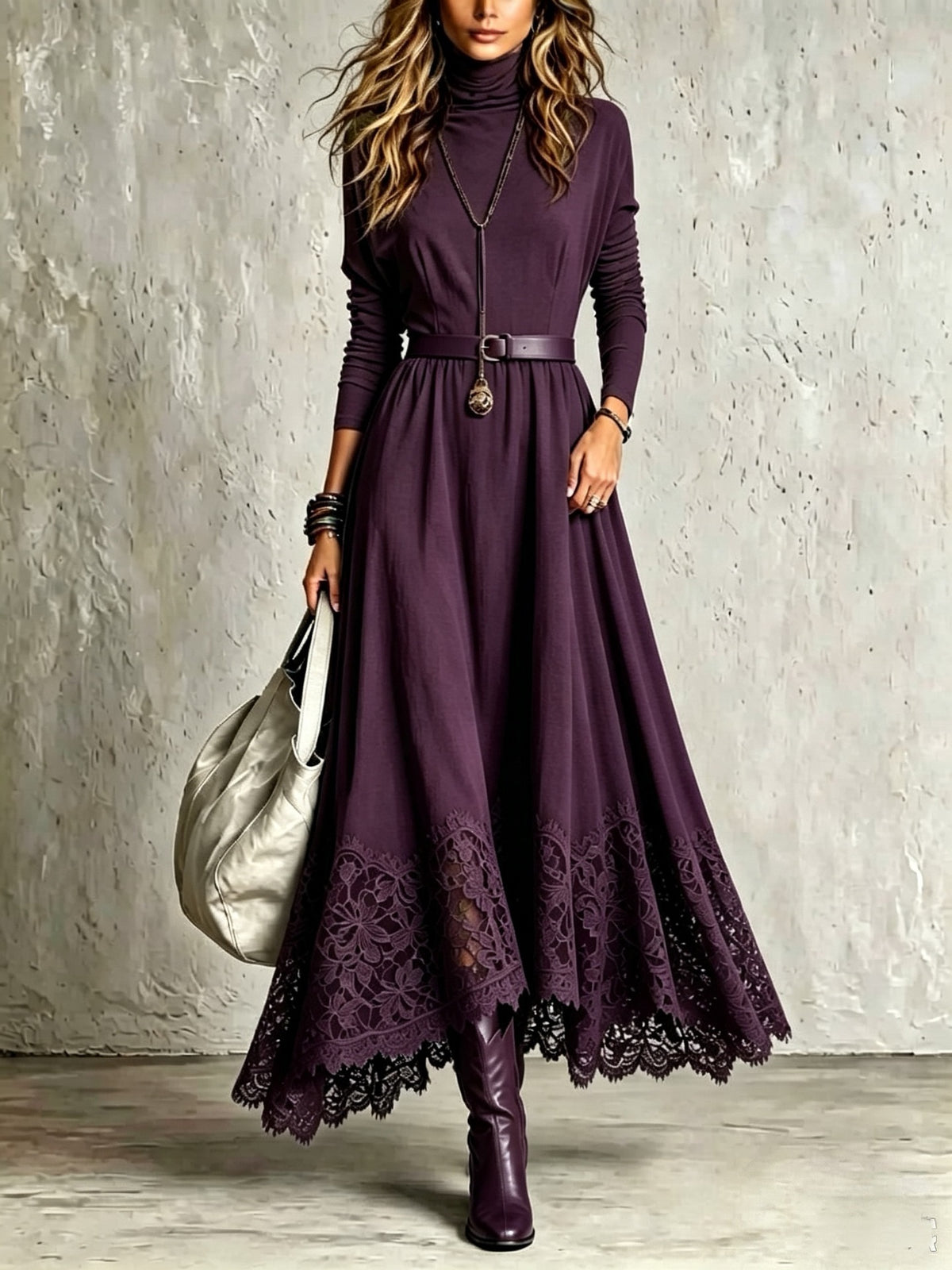 Lace-Trimmed Turtleneck Maxi Dress