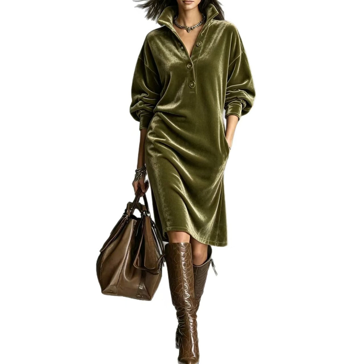 Vivienne | Velvet Button-Neck Relaxed Dress
