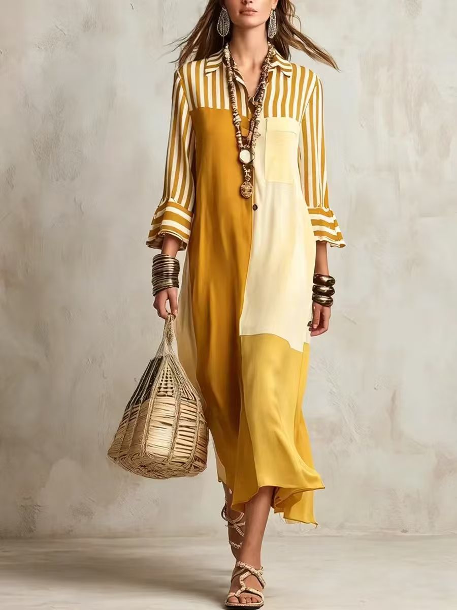 Colorblock Striped Asymmetric Shirt Dress