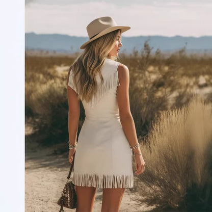 Retro Zipper Front Fringed Mini Dress
