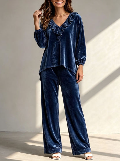 Velvet Ruffle-Neck Two-Piece Set
