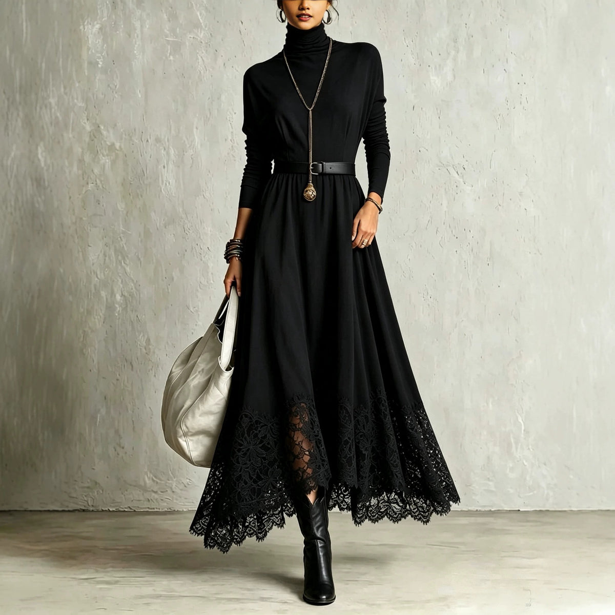 Lace-Trimmed Turtleneck Maxi Dress