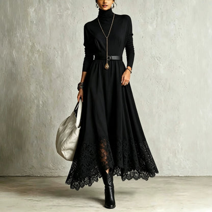 Lace-Trimmed Turtleneck Maxi Dress